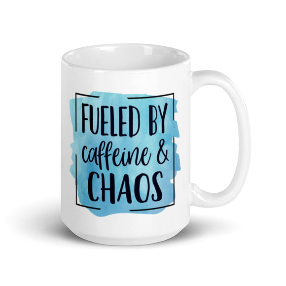 Caffeine and chaos white glossy mug 15oz